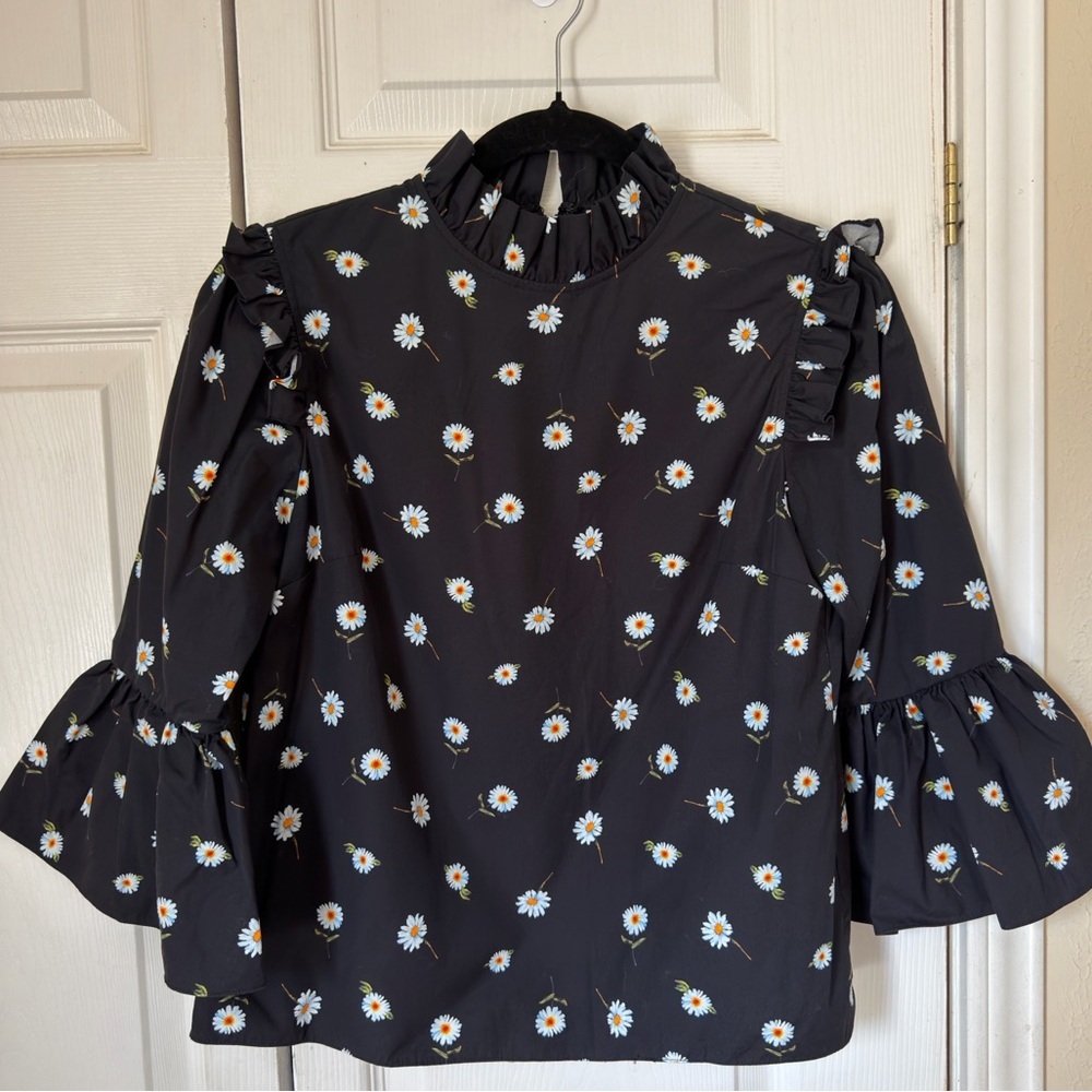 Alice + Olivia Black Floral Ruffle Blouse - 100% Cotton - Picture 2 of 5